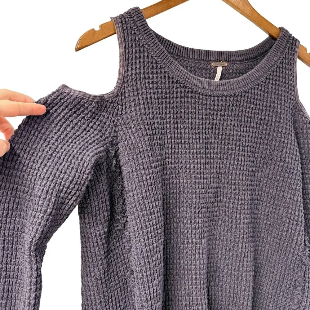 Free People Thermal Cold Shoulder Long Sleeve Gray Small Raw Hem Casual